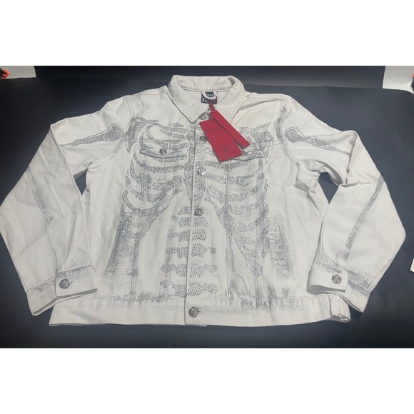 Guapi NEW Dead or Alive Skeleton Rhinestone Denim Jacket White Ltd 75/100  XL - Picture 1 of 8